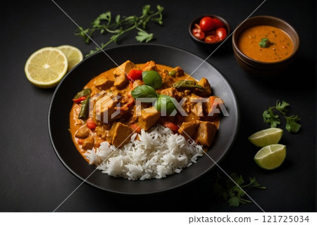Elegant Curry Meat with Rice and Vegetables on a Dark Background 121725034
