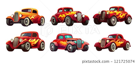 Hot rod cartoon vector set. American burning flame prints muscle classical old vintage car, four wheeled retro vehicle isolated vector on white background 121725074