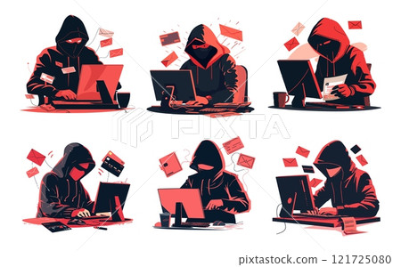 Hacker stealing data cartoon vector concepts. Thief hoodie mask email credit card anonymity personal information looting person, security cyber protection warning illustrations isolated vectors 121725080