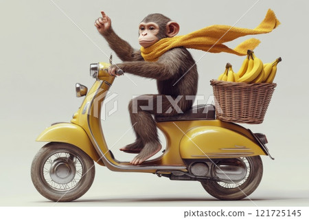 A cartoon monkey carries a basket of bananas on a scooter, highlighted on a white background. 3d illustration 121725145