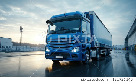 A blue truck in a logistics center. A truck in a distribution center warehouse 121725146