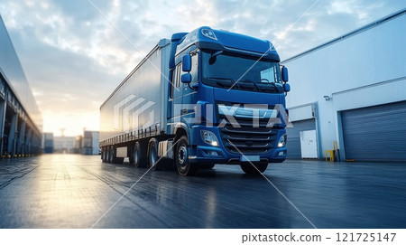 A blue truck in a logistics center. A truck in a distribution center warehouse 121725147