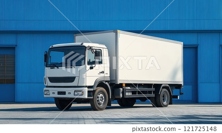 A white truck in a logistics center. A truck in a distribution center warehouse 121725148