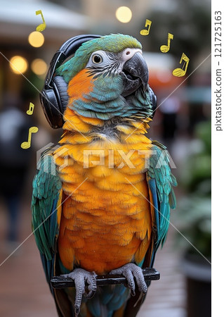 A parrot listens to music with headphones in the background of the street. Musical notes are flying around 121725163