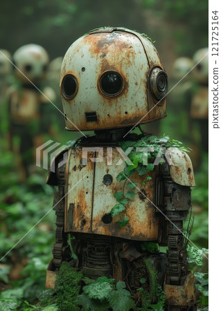 A dump of old white robots on a green field . Abandoned old robots A dump of old white robots on a green field . Abandoned old robots 121725164