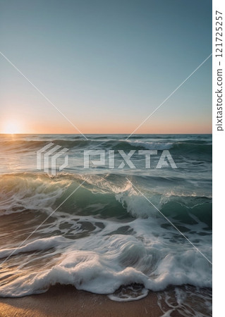 The sea surf at sunset enchants with its beauty. 121725257