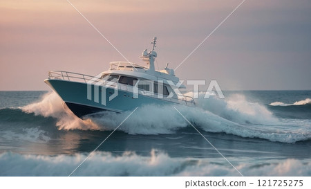 A white boat sailing on the waves at sunset. 121725275