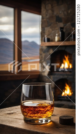 Scotch whisky on a wooden table, with a view of the Scottish Highlands and a cozy fireplace. 121725280
