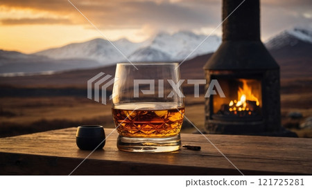 Scotch whisky on a wooden table, with a view of the Scottish Highlands and a cozy fireplace. 121725281