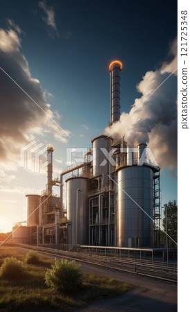 A rendering of a biomass power plant with boiling tanks and hovering turbines 121725348