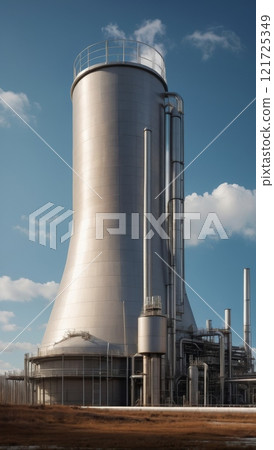 A rendering of a biomass power plant with boiling tanks and hovering turbines 121725349