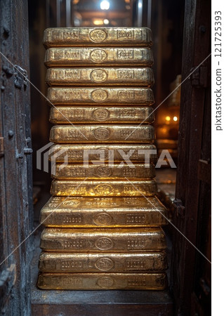 A stack of gold bars in a bank vault . The concept of financial investment and wealth A stack of gold bars in a bank vault . The concept of financial investment and wealth 121725393