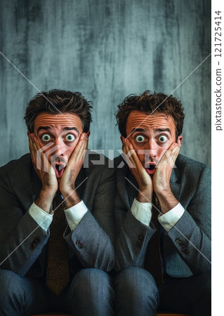 Annoyed businessmen screaming from stress on an isolated dark background. Entrepreneurs in business clothes panic and lose their temper 121725414