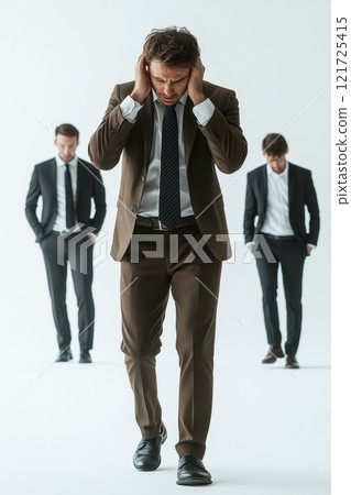 An annoyed businessman in a suit screams from stress on a white isolated background. An entrepreneur in business clothes panics and loses his temper 121725415