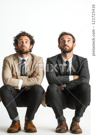 Annoyed businessmen screaming from stress on an isolated white background. Entrepreneurs in business clothes panic and lose their temper 121725416