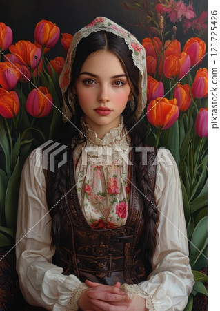 Cute girl in tulips, Portrait of a model with tulips around her 121725426