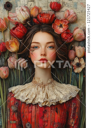 Cute girl in tulips, Portrait of a model with tulips around her Cute girl in tulips, Portrait of a model with tulips around her 121725427