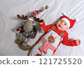 Baby Boy in a Christmas Outfit on a Light Background. Selective Focus 121725520