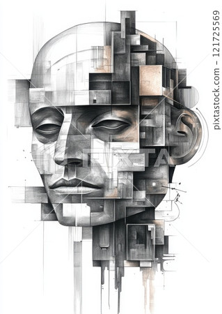 Creative pencil portrait of a man's face on white background. Free modern composition with face shapes . Abstract modern drawing . Illustration 121725569