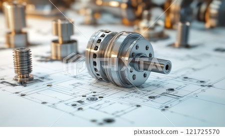 A metal part lying on an engineering drawing . Engineering drawing 121725570