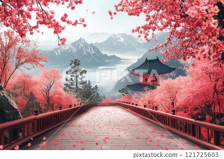 Cherry blossoms on a spring morning against the background of an old Japanese town 121725603