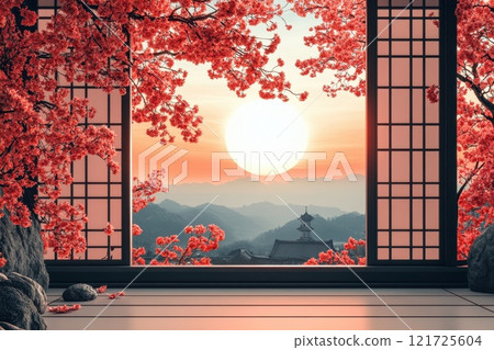 Cherry blossoms on a spring morning against the background of an old Japanese town. illustration Cherry blossoms on a spring morning against the background of an old Japanese town. illustration 121725604