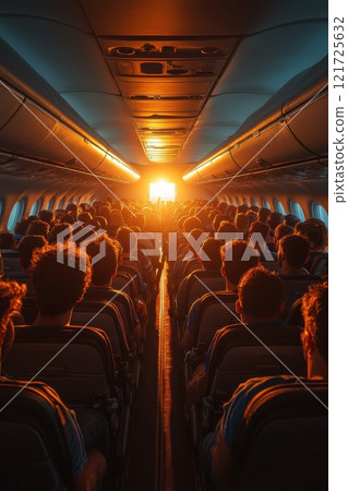 Happy airplane passengers relax and unwind during the flight. The concept of travel 121725632