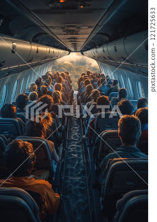 Happy airplane passengers relax and unwind during the flight. The concept of travel 121725633