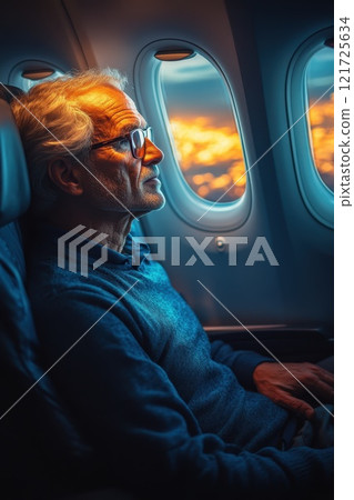 A male passenger sits at the window of an airplane and looks at the clouds. The concept of travel 121725634