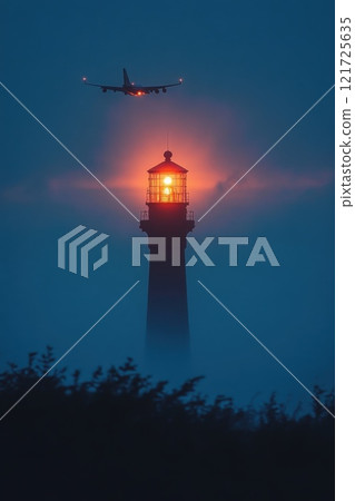 An airplane flying over the lighthouse at sunset. Passenger airplane near the lighthouse 121725635