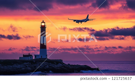 An airplane flying near a lighthouse at sunset. Passenger airplane near the lighthouse 121725637
