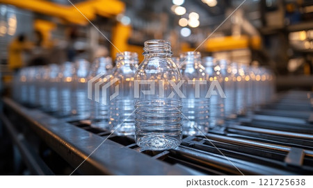 Production of glass products at a Glass factory, industrial production of glass containers. A batch of beverage bottles. Technological work at the factory 121725638