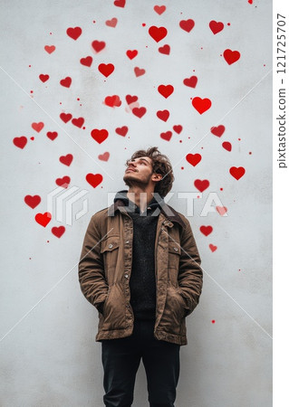 Long-distance love. A young man in love and red hearts flying around him 121725707