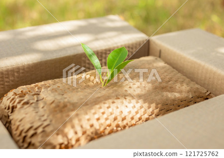 Green leaf on eco friendly brown paper honeycomb wrap for product packaging parcel carton box Green leaf on eco friendly brown paper honeycomb wrap for product packaging parcel carton box 121725762