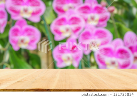 Empty wood table top with blur orchid garden background for product display 121725834