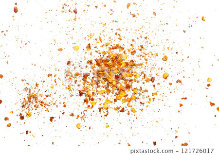dried red chili pepper flakes and seeds isolated on white background 121726017