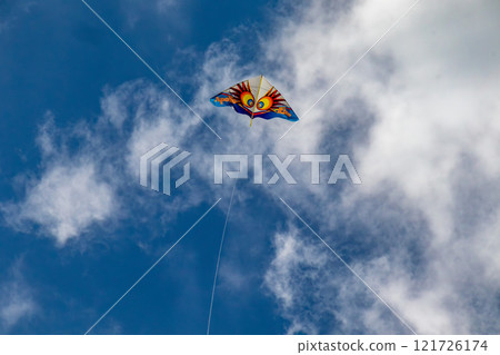Okinawa's beautiful blue sky, blue sea, and winter kite flying on the beach (Western kites) Okinawa's beautiful blue sky, blue sea, and winter kite flying on the beach (Western kites) 121726174