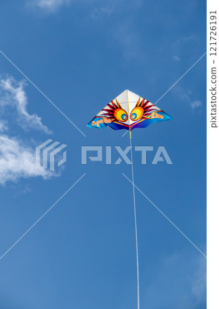 沖繩美麗的藍天、碧海、冬天沙灘上放飛的風箏（西洋風箏/風箏） 121726191