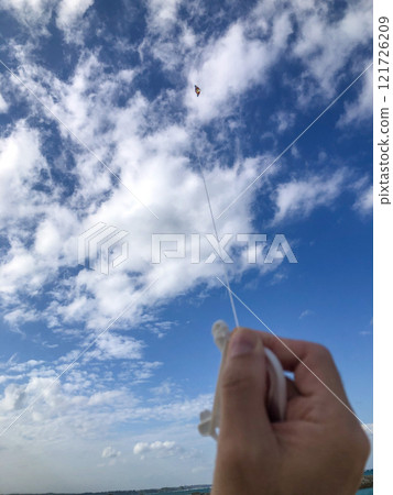 Okinawa's beautiful blue sky, blue sea, and winter kite flying on the beach (Western kites) 121726209