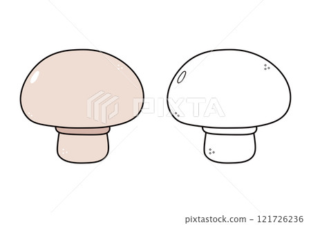 Cute funny Mushroom waving hand character outline cartoon illustration for coloring book. Vector hand drawn traditional cartoon vintage, retro, Mushroom character. Isolated on white background 121726236