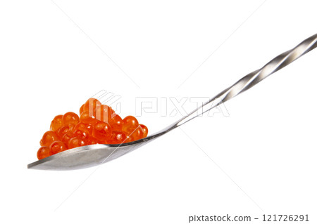 Red caviar in silver spoon isolated on the white background Red caviar in silver spoon isolated on the white background 121726291