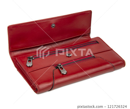 Red womens leather wallet long form isolated on the white Red womens leather wallet long form isolated on the white 121726324