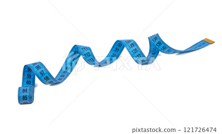 Blue spiral tape measure isolated on the white background Blue spiral tape measure isolated on the white background 121726474