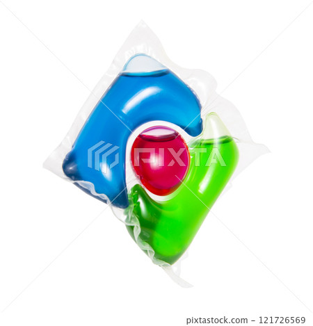 Liquid powder in gel capsule for washing multicolor isolated on the white background Liquid powder in gel capsule for washing multicolor isolated on the white background 121726569