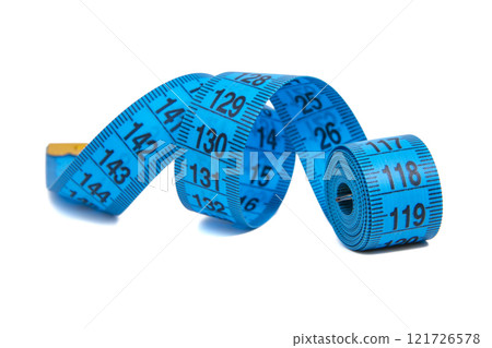 Blue tape measure spiral isolated on the white backgound 121726578