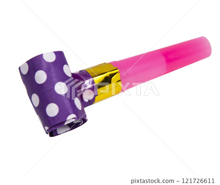 Party blowout noisemaker violet color dots horn isolated on the white background 121726611
