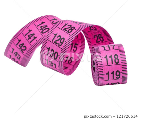 Pink violet tape measure spiral isolated on the white backgound 121726614