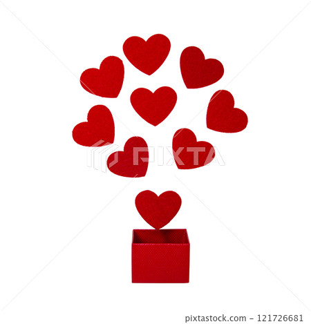 Red gift box open with felt hearts love concept isolated on the white background 121726681