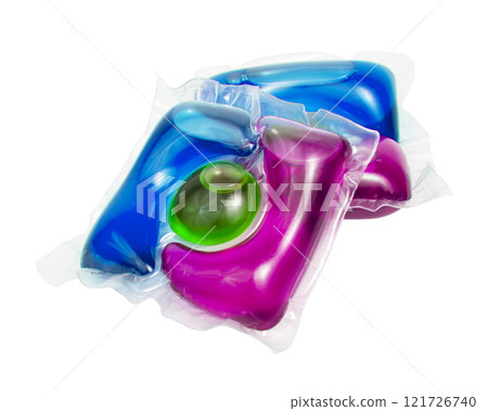 Liquid powder in gel capsule for washing multicolor isolated on the white background Liquid powder in gel capsule for washing multicolor isolated on the white background 121726740