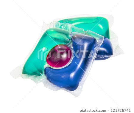 Liquid powder in gel capsule for washing multicolor isolated on the white background Liquid powder in gel capsule for washing multicolor isolated on the white background 121726741